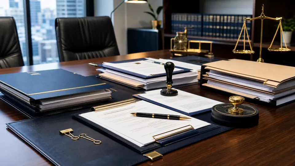 Professional legal documents, folders, and notary tools arranged on a conference table