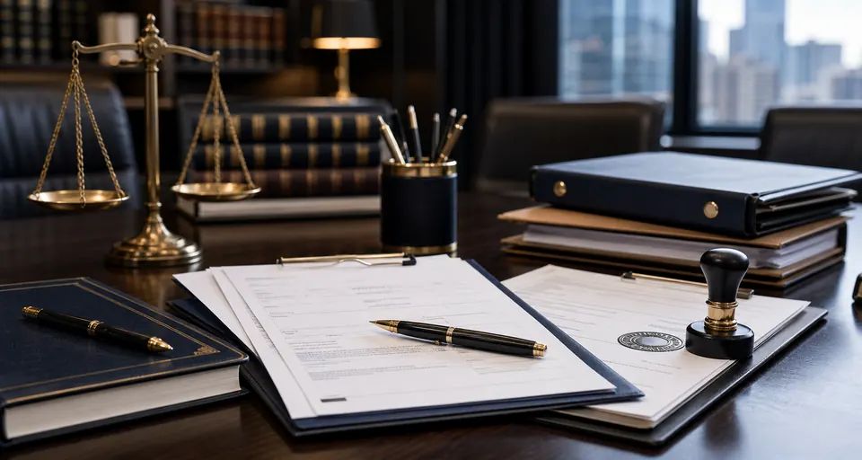 Professional legal documents, folders, and notary tools arranged on a conference table